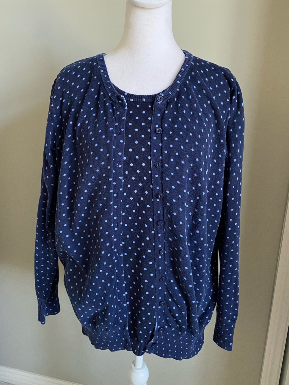 Jessica London Navy and Light Blue Polka Dot Button Cardigan & Shirt Set